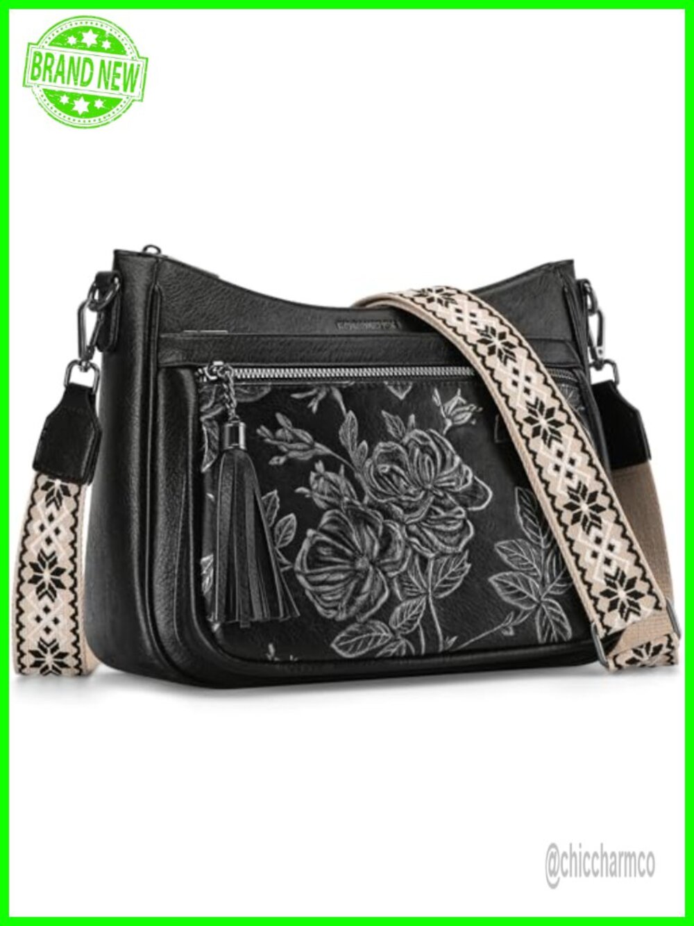 Vegan Leather Crossbody Bag Medium Wide Boho Strap Floral Embossed Purse